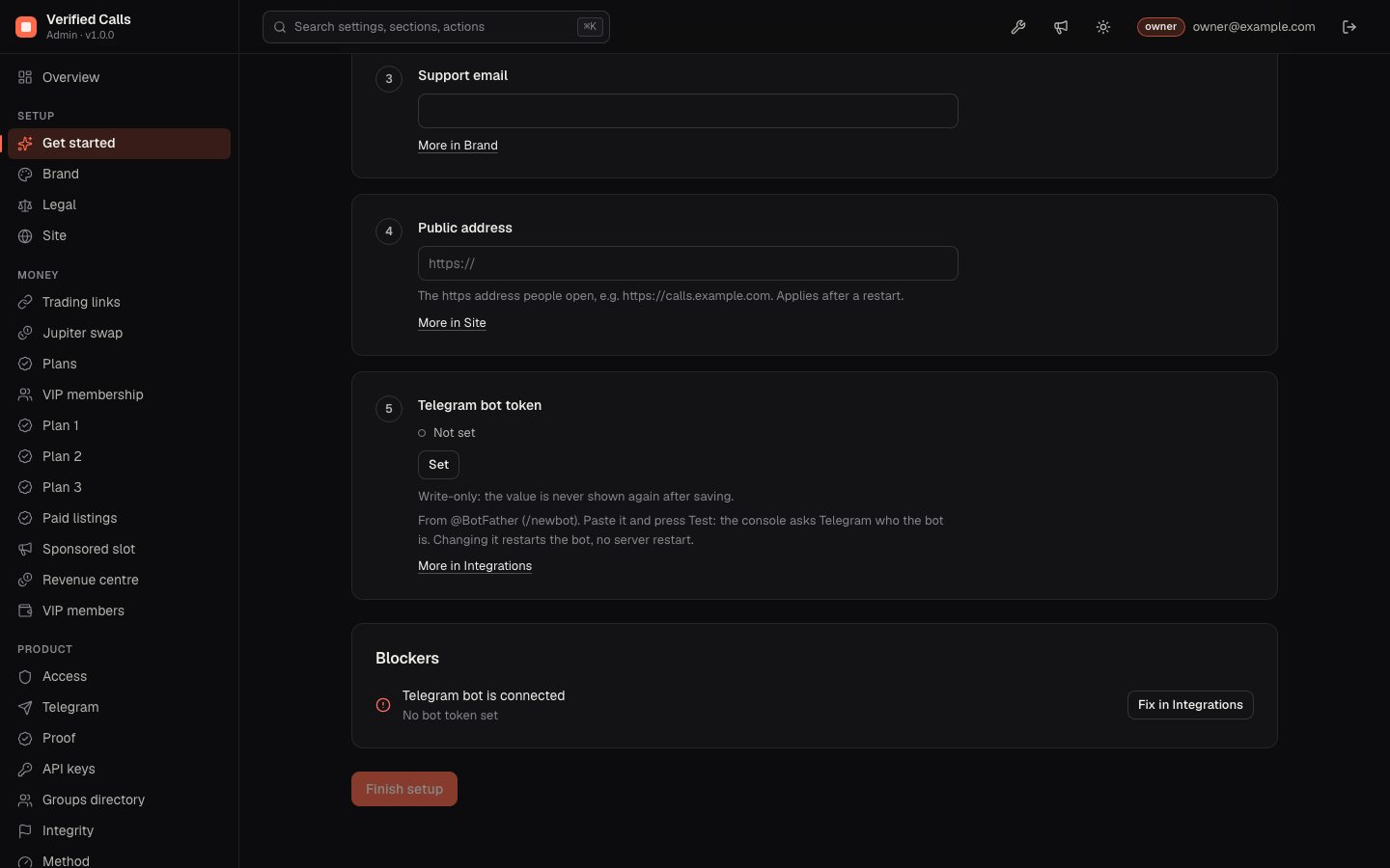Get started: support email, public address and the Telegram bot token step, with the open blocker