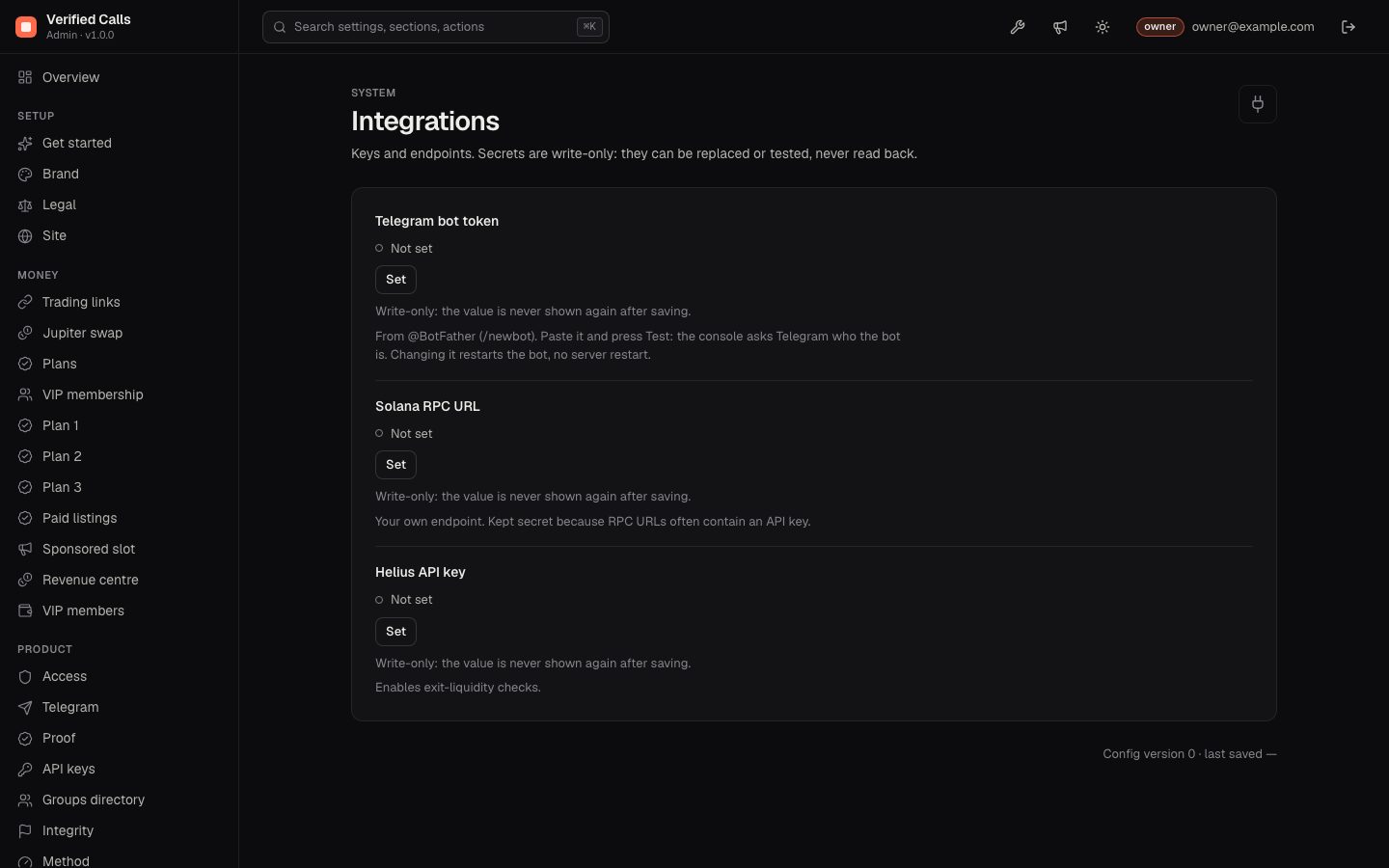 Integrations: bot token, RPC URL and Helius key, write-only