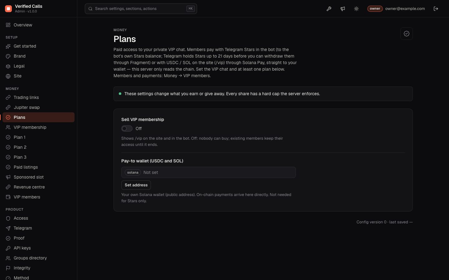 Plans settings: sell VIP membership switch and pay-to wallet