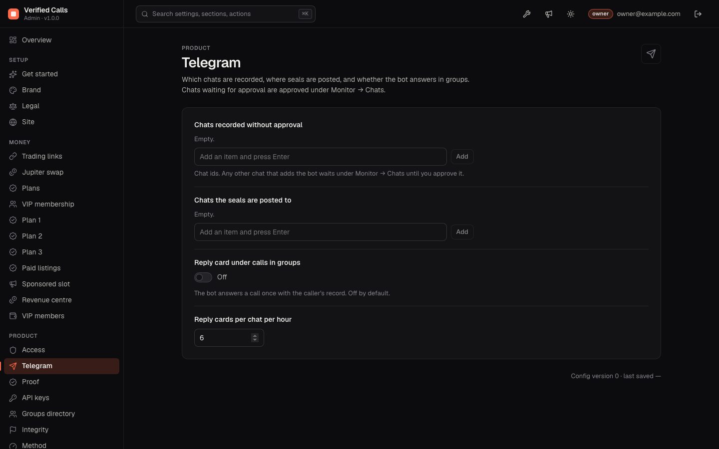 Telegram settings: recorded chats, seal chats, reply card