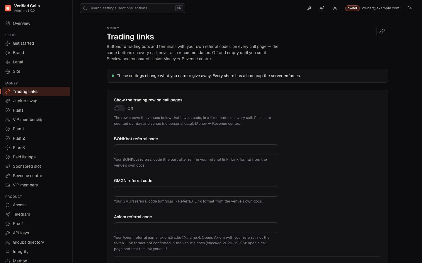 Trading links settings: switch off, empty referral codes