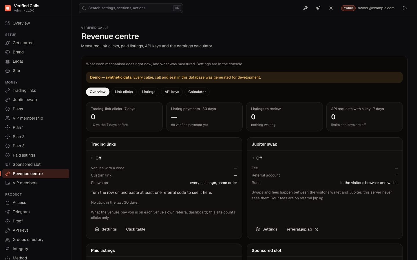 Money, Revenue centre: every option off, nothing measured yet