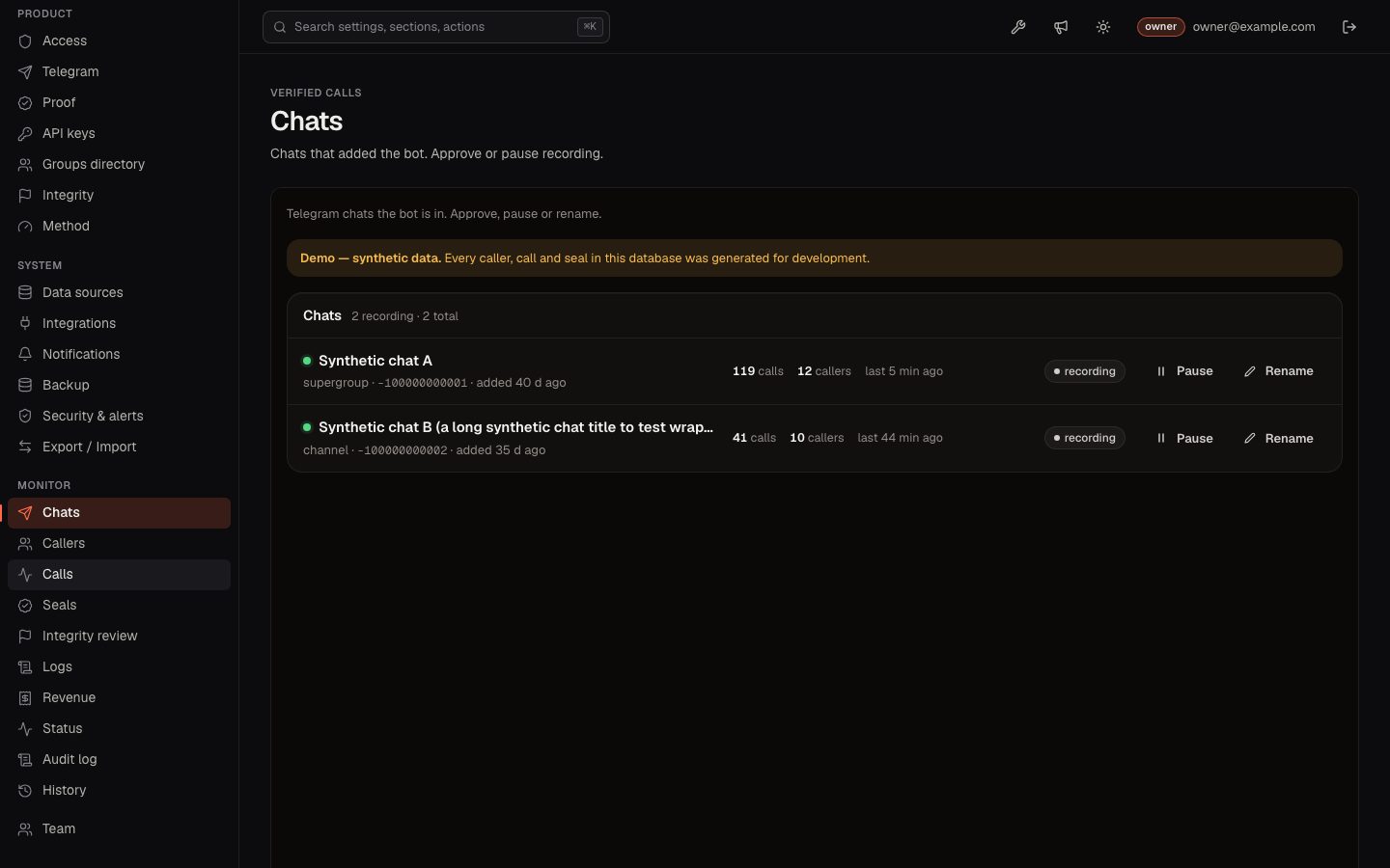 Monitor, Chats: the chats the bot is in with Pause and Rename, and the Monitor group in the sidebar