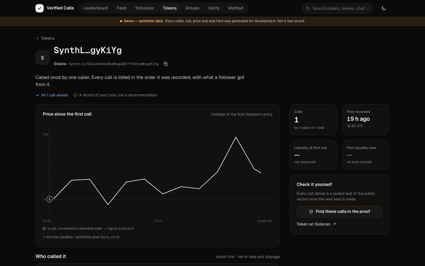 Token page listing every call of one token, synthetic data